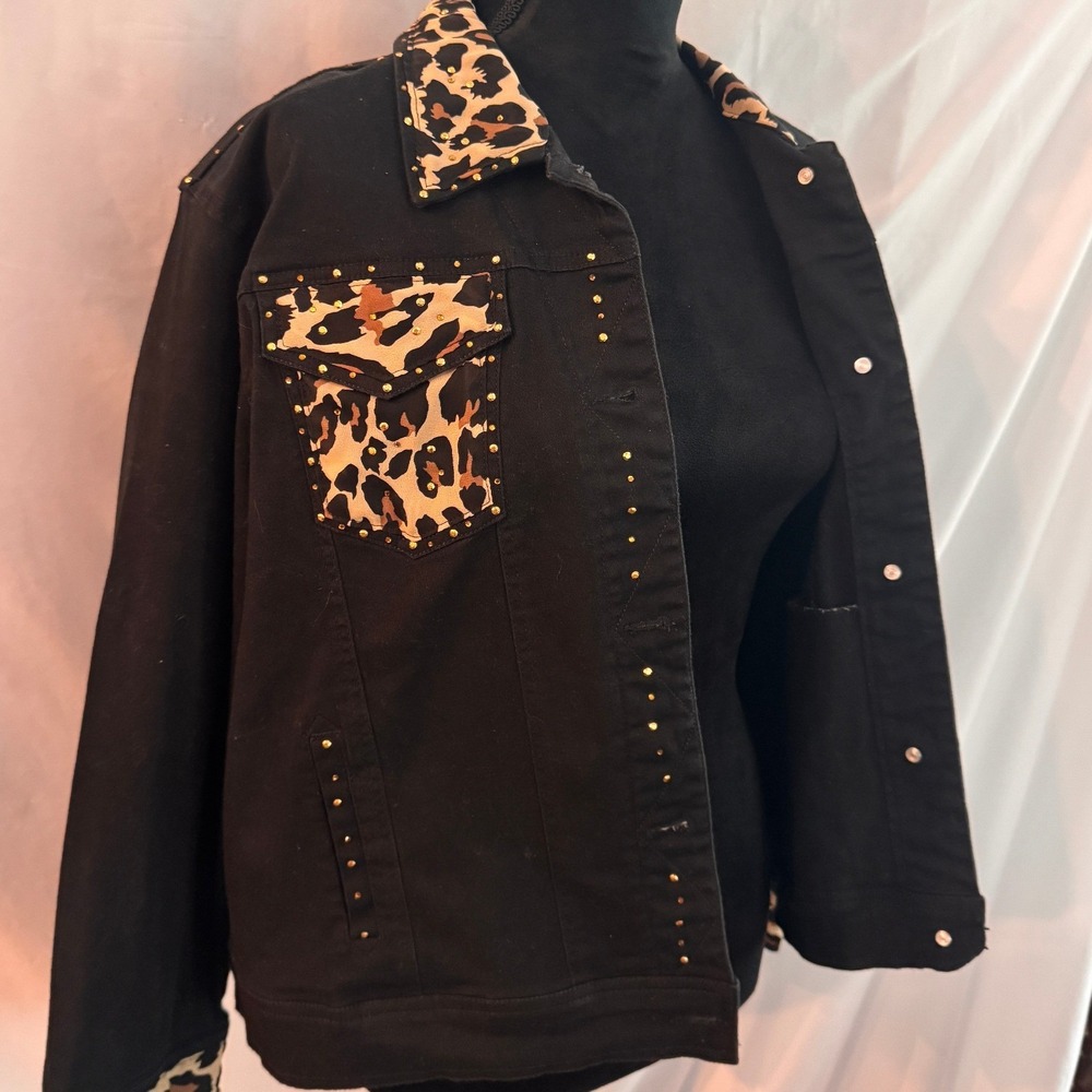 Janie New York Black Denim Jacket Leopard Print Studded Trucker Women Large - Picture 9 of 13